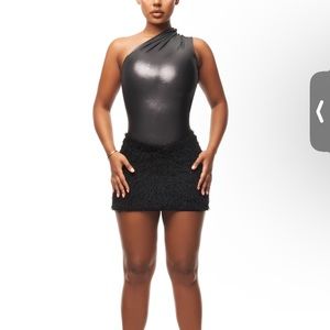 Cou coo metallic body suit with fuzzy skirt